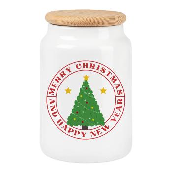 Festive Circular Christmas Tree - Cookie Jar with Wooden Lid - white - Front