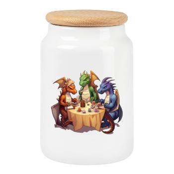 Drachen trinken Kaffee – RPG Fantasy Design - Keksdose mit Holzdeckel - Weiß - Vorne