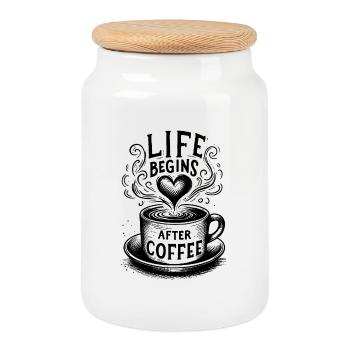 life begins with coffee! Kaffeejunkie - Keksdose mit Holzdeckel - Weiß - Vorne