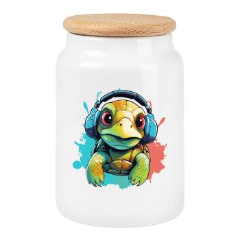 Turtle with headphones Turtles - Cookie Jar with Wooden Lid - white - Front