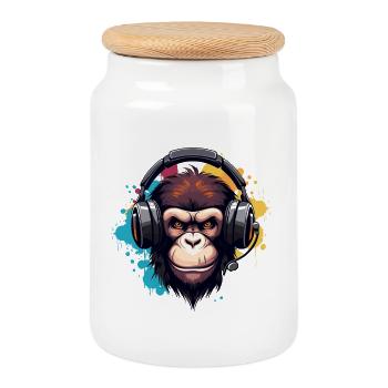 Singe avec des écouteurs, animal, chimpanzé, singe - Boîte à biscuits avec couvercle en bois - blanc - Devant