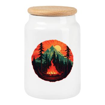 Romance en plein air - Feu de camp dans le panorama de montagne - Boîte à biscuits avec couvercle en bois - blanc - Devant