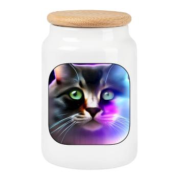 Neonkatze Farbenspiel Portrait - Keksdose mit Holzdeckel - Weiß - Vorne