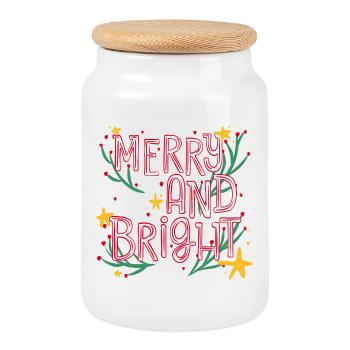 Merry and Bright Festive Script - Cookie Jar with Wooden Lid - white - Front