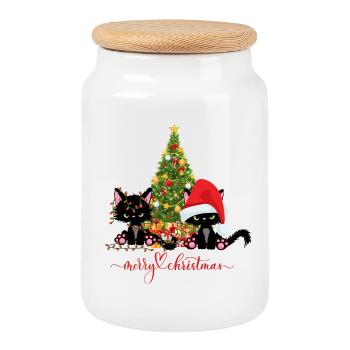 Chats de Noël - Boîte à biscuits avec couvercle en bois - blanc - Devant