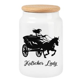 Kutscher Lady - Reiterin mit Pferdekutsche - Keksdose mit Holzdeckel - Weiß - Vorne