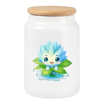 Kawaii Männchen auf Seerose – Blaues Design - Keksdose mit Holzdeckel - Weiß - Vorne