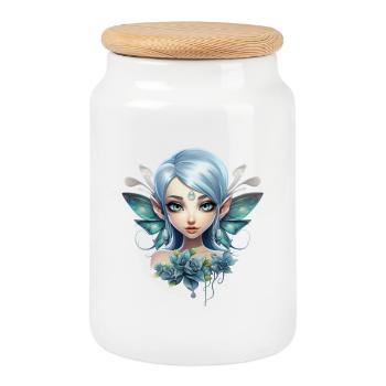 Flower Fairy with Gemstone – Fantasy Design - Cookie Jar with Wooden Lid - white - Front