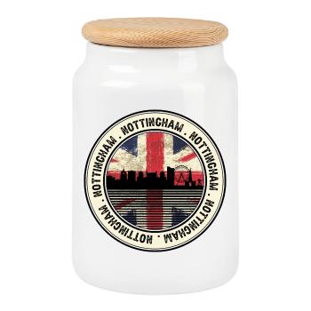 Timbre de la silhouette de la ville Union Jack - Boîte à biscuits avec couvercle en bois - blanc - Devant