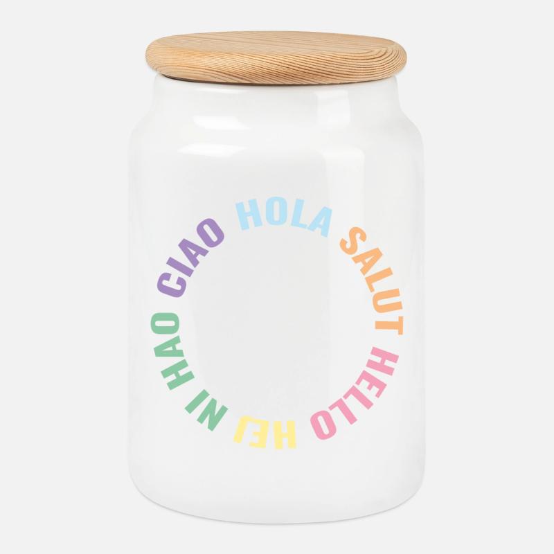 Hola Salut Hello Hej Ni Hao Ciao - Keksdose mit Holzdeckel - Weiß
