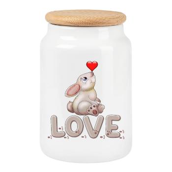 Doux lapin avec affichage d’amour en forme de cœur - Boîte à biscuits avec couvercle en bois - blanc - Devant