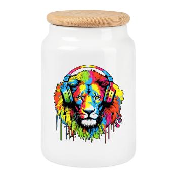 Lion with headphones Lion Head Lions - Cookie Jar with Wooden Lid - white - Front