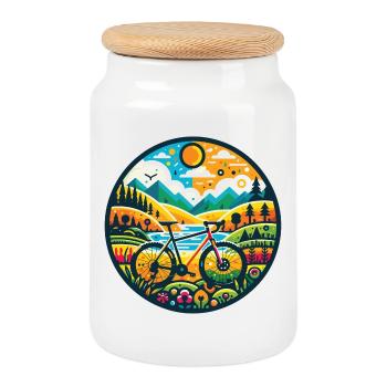 Gravel Bike Adventure Illustration - Cookie Jar with Wooden Lid - white - Front