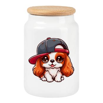 Cavalier King Charles Dog Cute Dog - Cookie Jar with Wooden Lid - white - Front