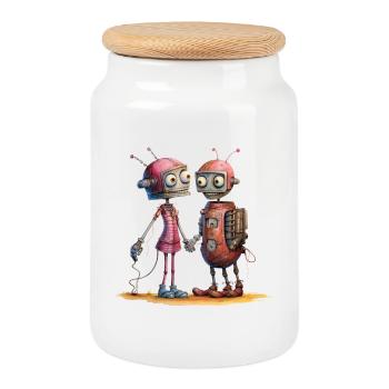 Verliebte Roboter Aus Einzelteilen Liebe Shirt - Keksdose mit Holzdeckel - Weiß - Vorne