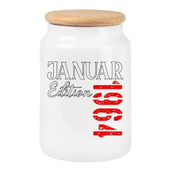 63 Jahre alt - Geburtstag Januar 1964 - Keksdose mit Holzdeckel - Weiß - Vorne