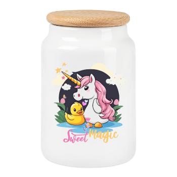 Whimsical Unicorn and Duck Scene - Cookie Jar with Wooden Lid - white - Front