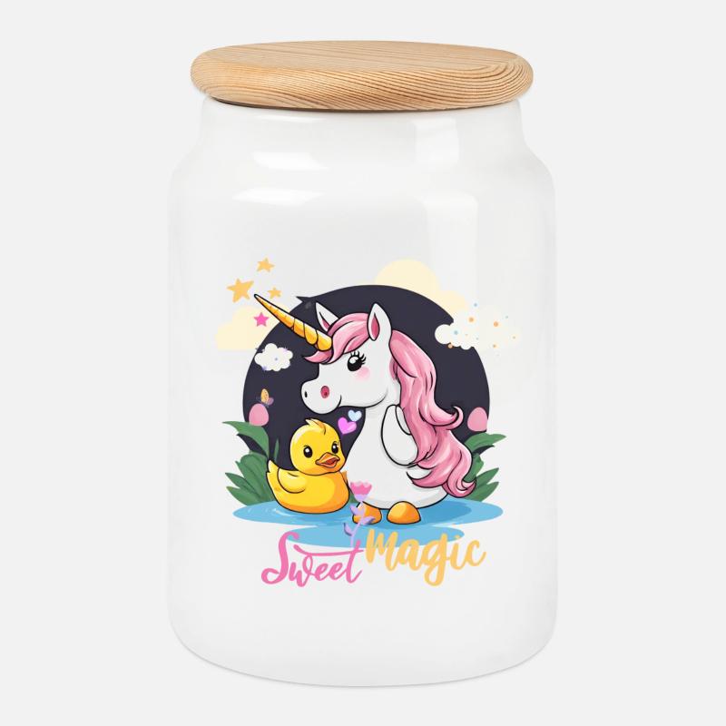 Scène fantaisiste de licorne et de canard - Boîte à biscuits avec couvercle en bois - blanc
