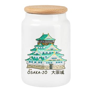 Japon Château d’Osaka-jo, Kanji, dessin à la main - Boîte à biscuits avec couvercle en bois - blanc - Devant