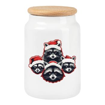 Raccoon Santa Hat Quartet Christmas - Cookie Jar with Wooden Lid - white - Front