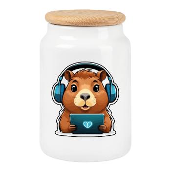 Capybara avec ordinateur - Boîte à biscuits avec couvercle en bois - blanc - Devant