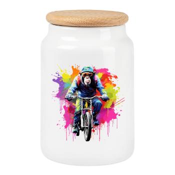Singe avec VTT, vélo, chimpanzé, singe - Boîte à biscuits avec couvercle en bois - blanc - Devant