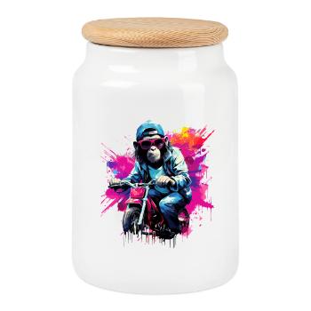 Drôle de singe avec un singe chimpanzé moto - Boîte à biscuits avec couvercle en bois - blanc - Devant