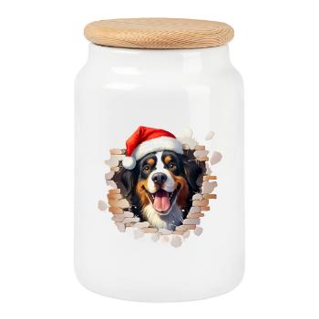Bouvier bernois avec bonnet de Père Noël - Boîte à biscuits avec couvercle en bois - blanc - Devant