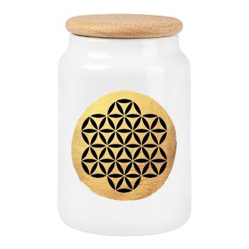 Yoga Kreis Flower of Life Gold Muster om Namaste - Keksdose mit Holzdeckel - Weiß - Vorne