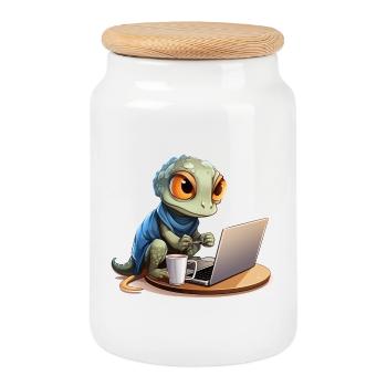 Chemise drôle de gecko gecko sur Internet Coffee Nerd - Boîte à biscuits avec couvercle en bois - blanc - Devant