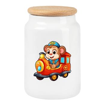 Chemin de fer des singes Chimpanzé Monkey Rides Railroad - Boîte à biscuits avec couvercle en bois - blanc - Devant