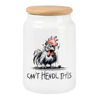 can t hendl this - will hendl this, Hühner, Hahn - Keksdose mit Holzdeckel - Weiß - Vorne
