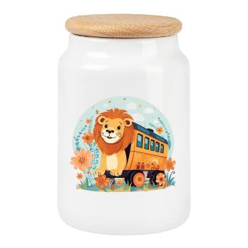 Lion Rides Railroad Lion’s Head Lions - Boîte à biscuits avec couvercle en bois - blanc - Devant