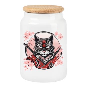 Demonic Kawaii Neko Samurai : cat samurai - Cookie Jar with Wooden Lid - white - Front