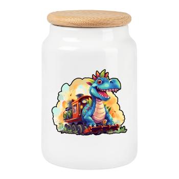 Dinosaure avec chemin de fer Dino Rides Railroad - Boîte à biscuits avec couvercle en bois - blanc - Devant