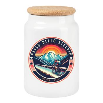Passo dello Stelvio Alpine Power for Cyclists - Cookie Jar with Wooden Lid - white - Front
