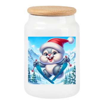 Hasenspringen Ski Weihnachten - Keksdose mit Holzdeckel - Weiß - Vorne