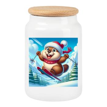Groundhog Jumping Ski Christmas - Cookie Jar with Wooden Lid - white - Front