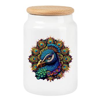 Pfau mit Mandalas verziert - Keksdose mit Holzdeckel - Weiß - Vorne