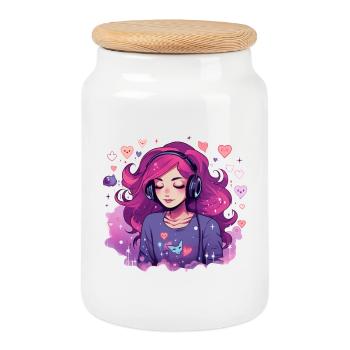 Verträumtes Gamer Girl Musik Headset Shirt - Keksdose mit Holzdeckel - Weiß - Vorne