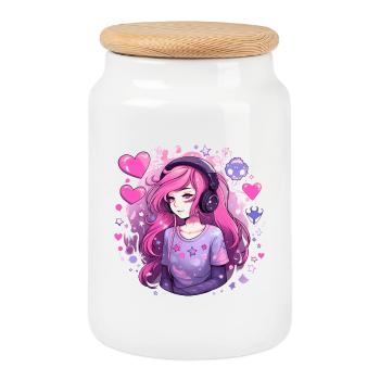 Gamer Girl in Love Pink Hair Headset Shirt - Cookie Jar with Wooden Lid - white - Front
