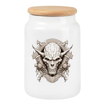 Dark Fantasy Wappen Dämonenschädel RPG Shirt - Keksdose mit Holzdeckel - Weiß - Vorne