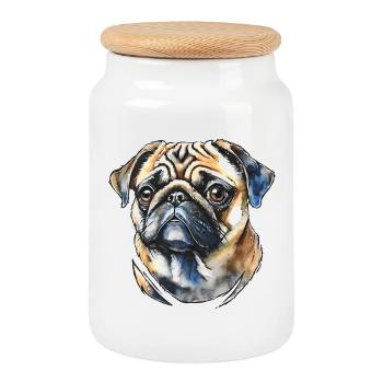 Pug Portrait - Cookie Jar with Wooden Lid - white - Front
