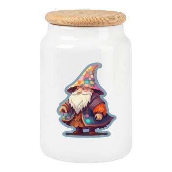 Nain avec un chapeau de magicien patchwork Camise fantastique - Boîte à biscuits avec couvercle en bois - blanc - Devant