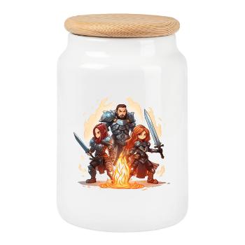 Cartoon Fantasy Heldengruppe Lagerfeuer RPG Shirt - Keksdose mit Holzdeckel - Weiß - Vorne