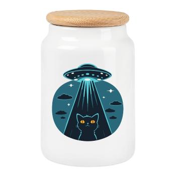 Funny UFO, Alien, Cat - Cookie Jar with Wooden Lid - white - Front