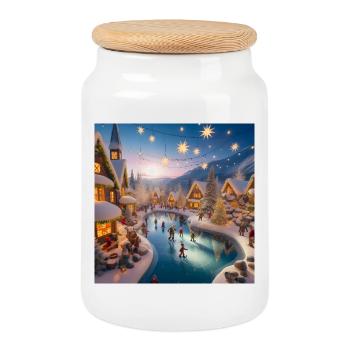 Skandinavisches Weihnachtsdorf - Keksdose mit Holzdeckel - Weiß - Vorne