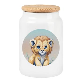 Cute lion cub with pastel blue eyes - Cookie Jar with Wooden Lid - white - Front