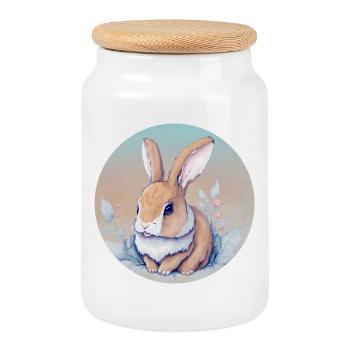 Lapin artistique floral pastel - Boîte à biscuits avec couvercle en bois - blanc - Devant