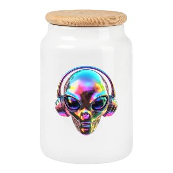 Chromatic Alien Head with Headphones - Cookie Jar with Wooden Lid - white - Front